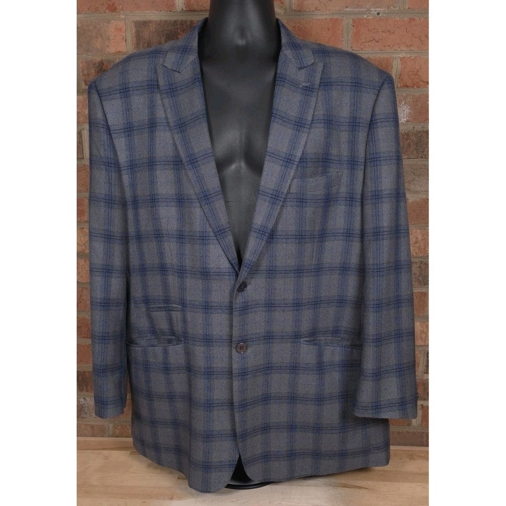 Studio Ferera Mens Performance 2 Button Blazer Jacket Gray Blue Plaid Size 48R